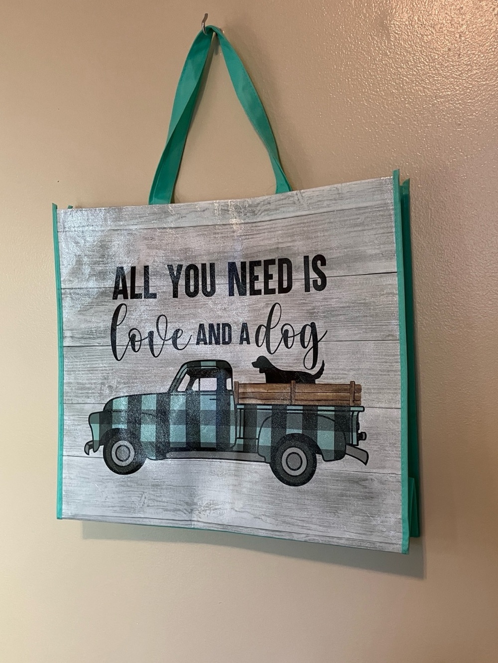Plaid Teal Truck Tote Bag with Dog Graphic